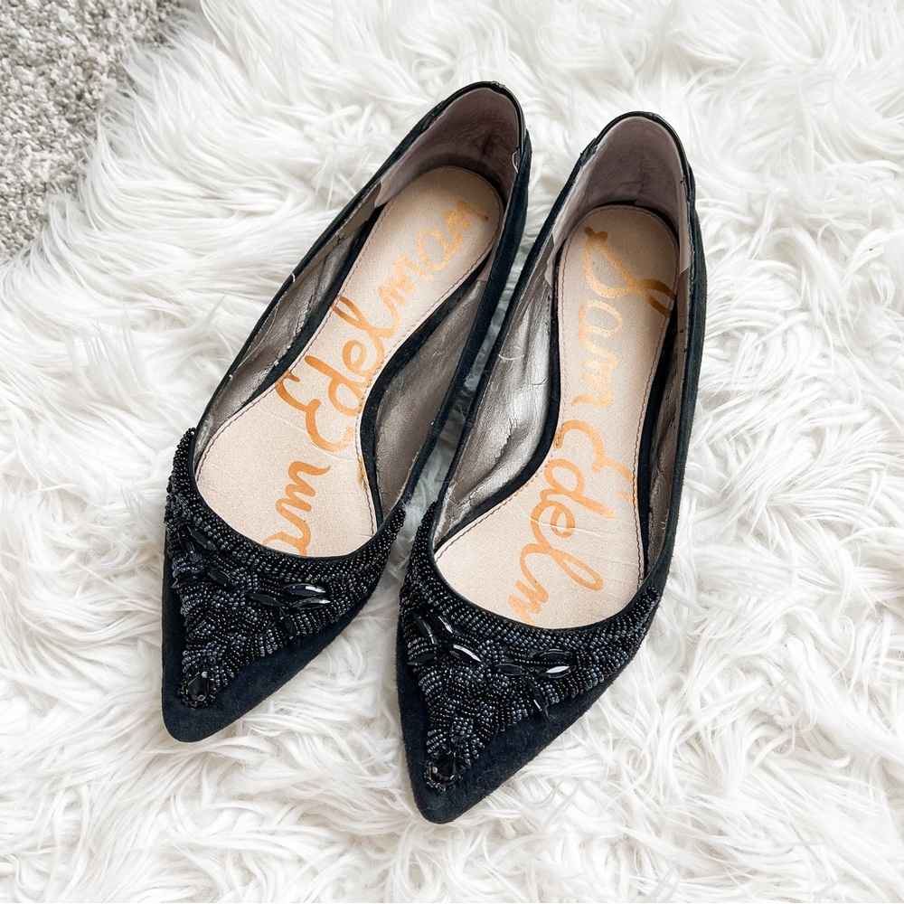Sam Edelman Black Suede Beaded Pointed Toe Flats 7.5
